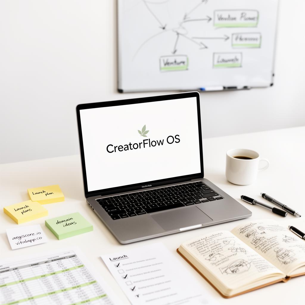 Founder's organized workspace with laptop, notebook, sticky notes, and coffee
